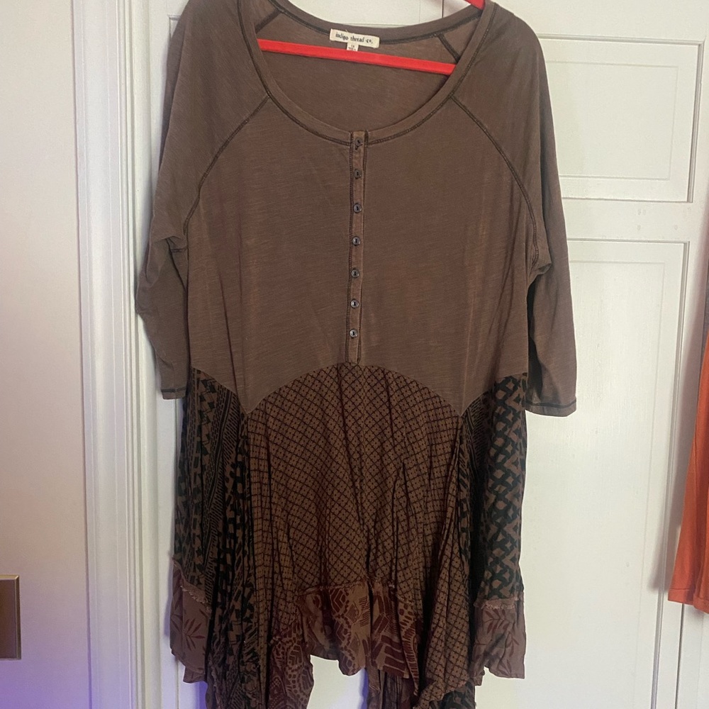 BROWN 1X indigo thread co tunic, handkerchief hem